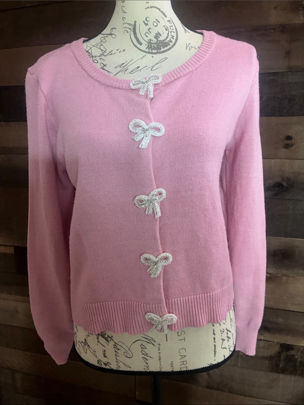 Adrienne Vittadini Pink Bow-Embellished Crewneck Cardigan